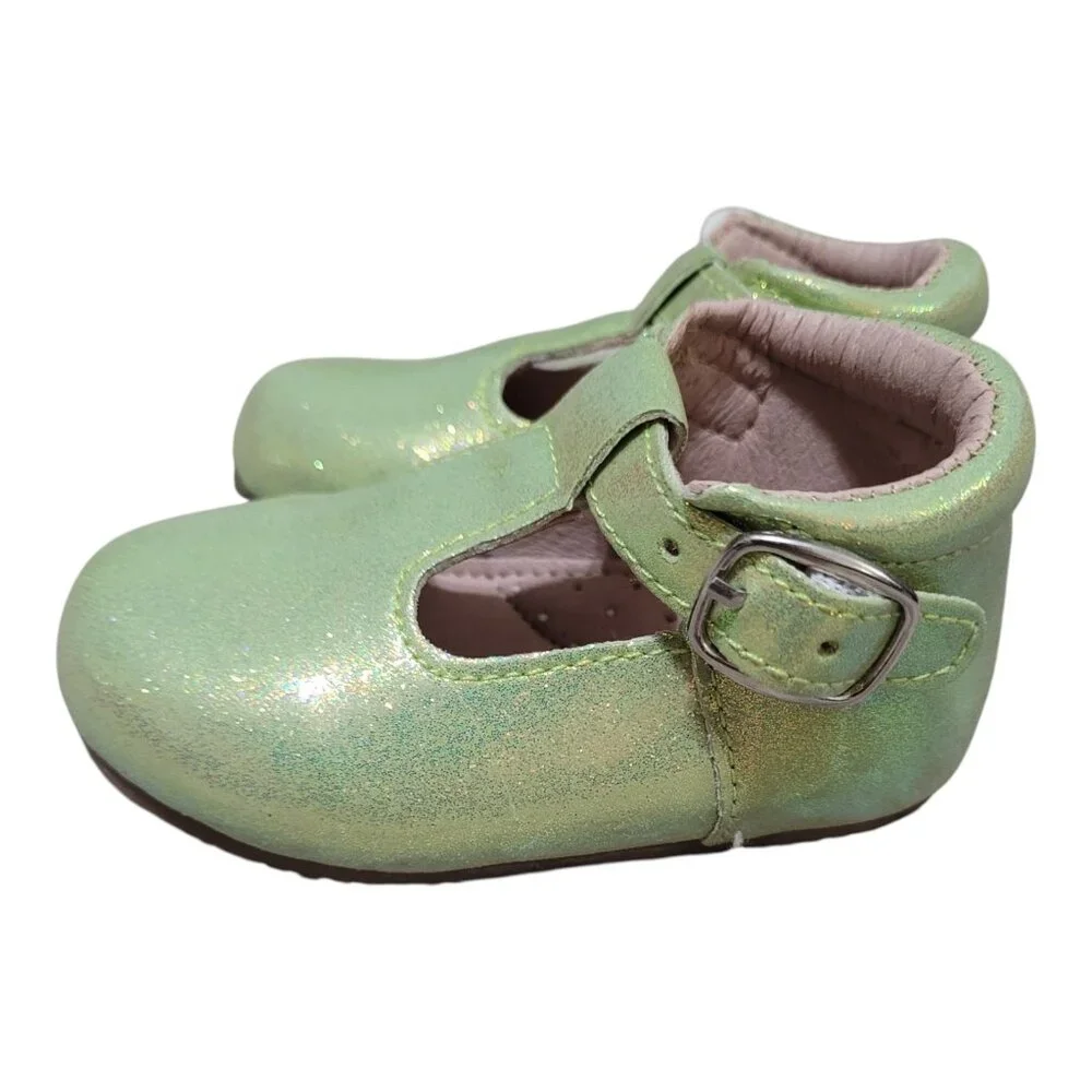 NEW A Bear Co Toddler Size 3 Smooth Glitter T-Strap Flats‎ Green Girls